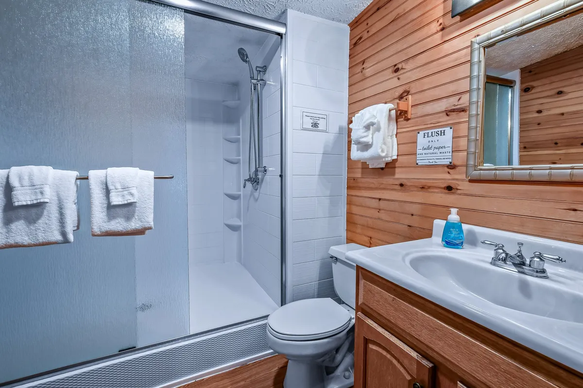 A spacious bathroom with a modern walk-in shower, vanity with sink, and warm wooden walls. The area is bright, clean, and relaxing, designed for refreshing showers and self-care routines.