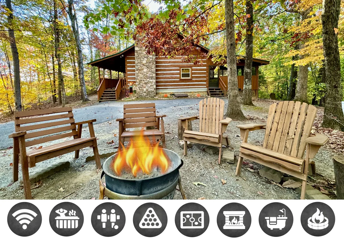 The image features a cozy log cabin nestled among tall trees, with a crackling fire pit surrounded by wooden chairs in the foreground. The inviting outdoor space suggests a perfect spot for guests to gather, relax, and share stories beneath the stars, embodying a sense of warmth and togetherness amid nature.